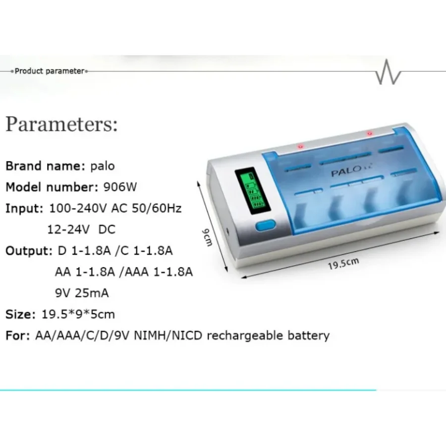 PALO 4 Slot LCD Display Smart Charger for 1.2V AA/AAA Ni-MH/Ni-Cd or C/D Size LR20 NiMH/Ni-Cd 9V Rechargeable Batteries