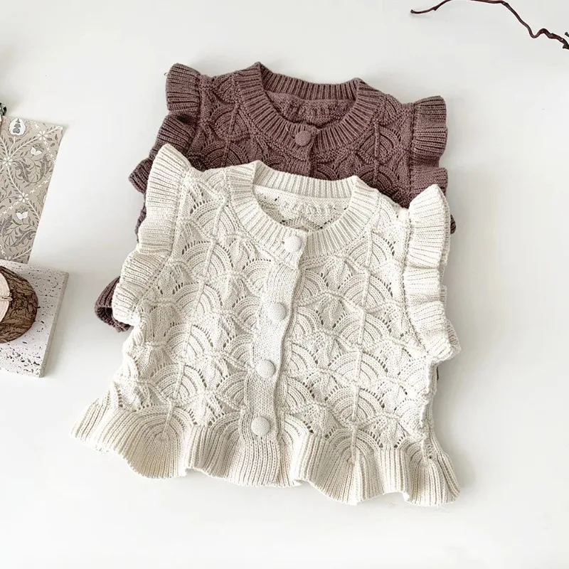 

Spring Autumn Toddlers Girl Knitted Vests Hollow Out Ruffles Sleeveless Cardigan Baby Kids Casual Waistcoats