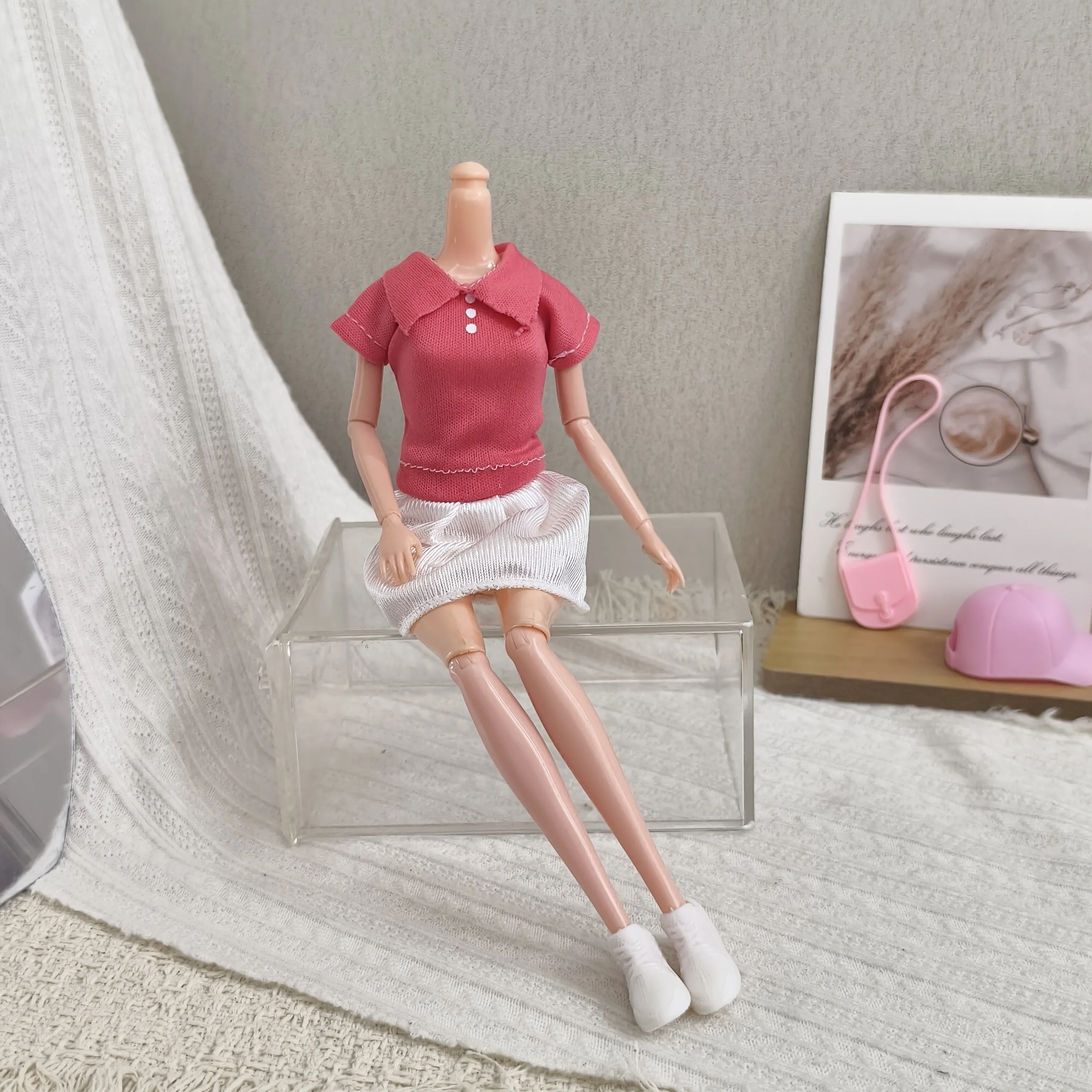 Casual Versatile Pink Polo Shirt + White Pleated Skirt Set For 1/6 FR Babi Xianxian Supermodel Doll Dress Up Clothes Parts