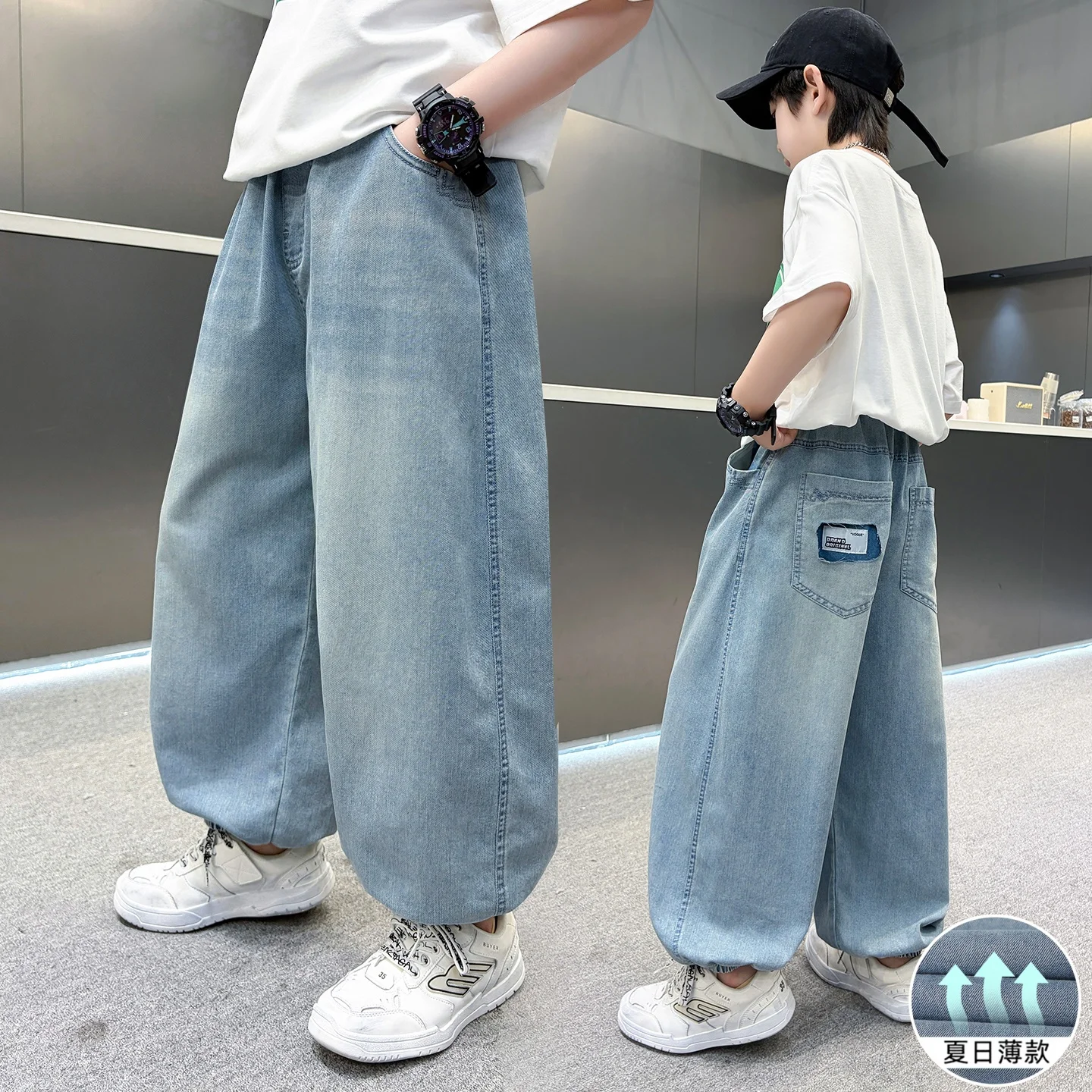

High Quality Blue Jeans for Boy Letter Embroidery Streetwear Trousers Baggy Child Teenager Spring Autumn Stylish Pants Age 4-14Y