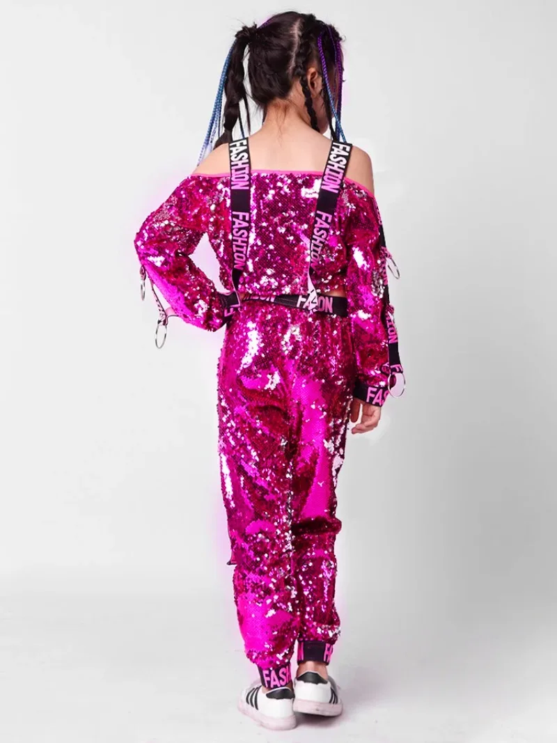 Children Jazz Girl Hip Hop Dance Costumes Children Red Silver Sequin Coat Pants Kids Street Dancing Clothing Ballroom Stage Wear