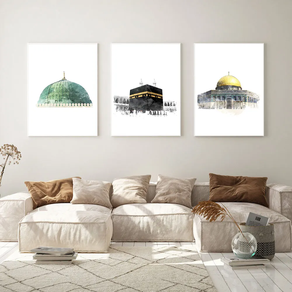 

Islamic Mecca Jerusalem Poster Muslim Architecture Canvas Painting Mosque Watercolor Art Print Wall Picture Living Bedroom Decor