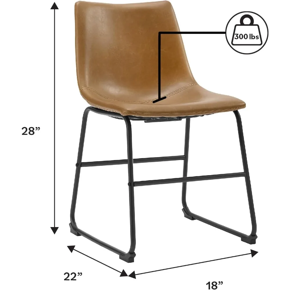 Imitation leather armless brown dining chair, 2-piece set with powder-coated steel legs for easy cleaning