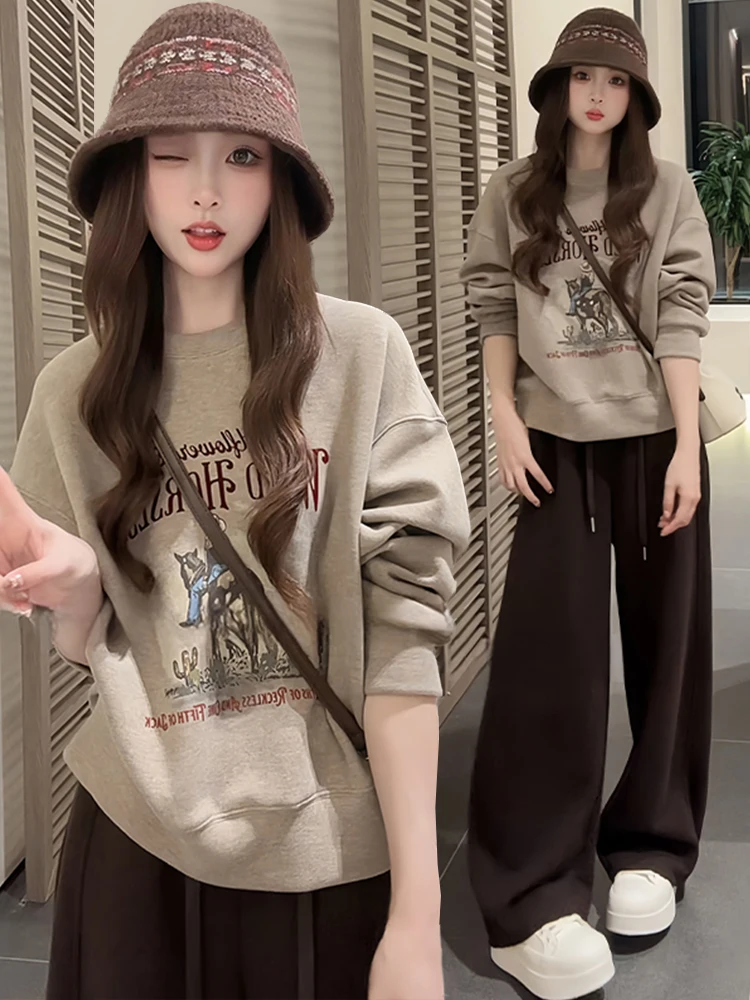 

Модный круглый свитшот с принтом Ne и широкие брюки, комплект из двух предметов, повседневный наряд для женщин, осенняя коллекция