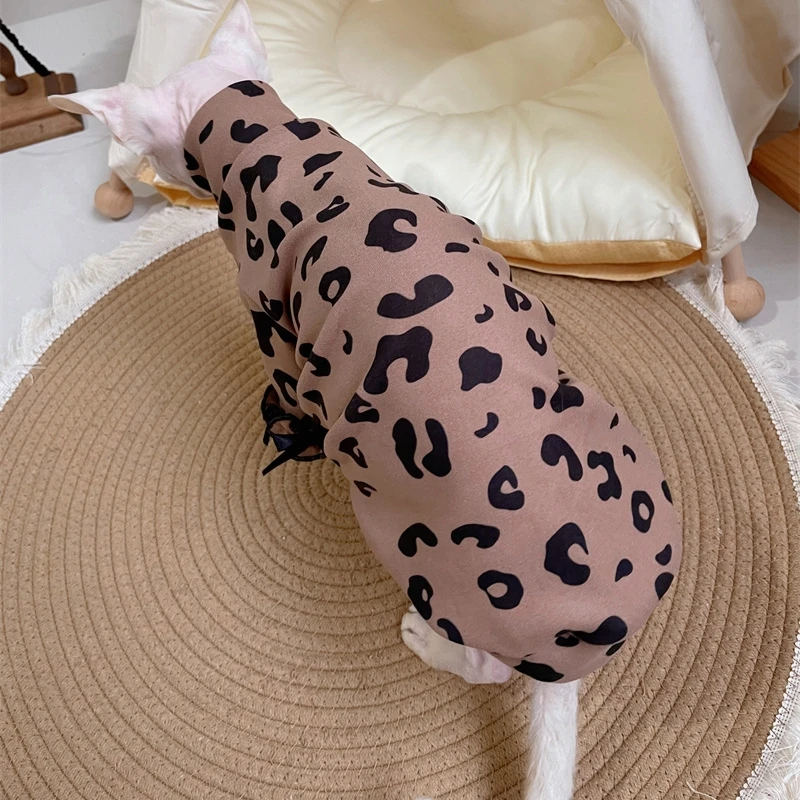 Soft Coffee Jacket for Sphnx Cat Winter Spring Sweet Leopard Cotton Lace Coat For Devon Rex Small Dogs Warm Pajama Cat Supplies