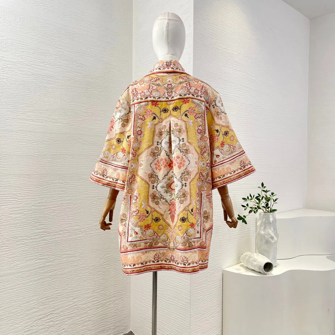 Linen 2025 new summer women high quality multicolor floral print 3/4 sleeves turn down collar mini dress