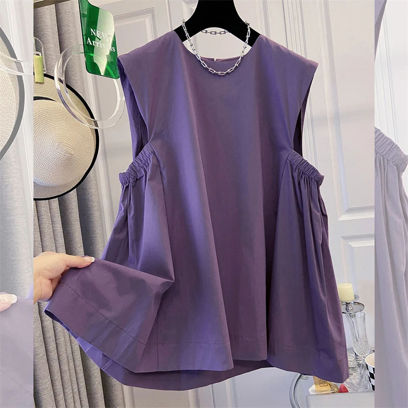 

SuperAen New Summer Oversize Loose Korean Style Top for Women O-neck Solid Color Sleeveless Pullover T-shirt