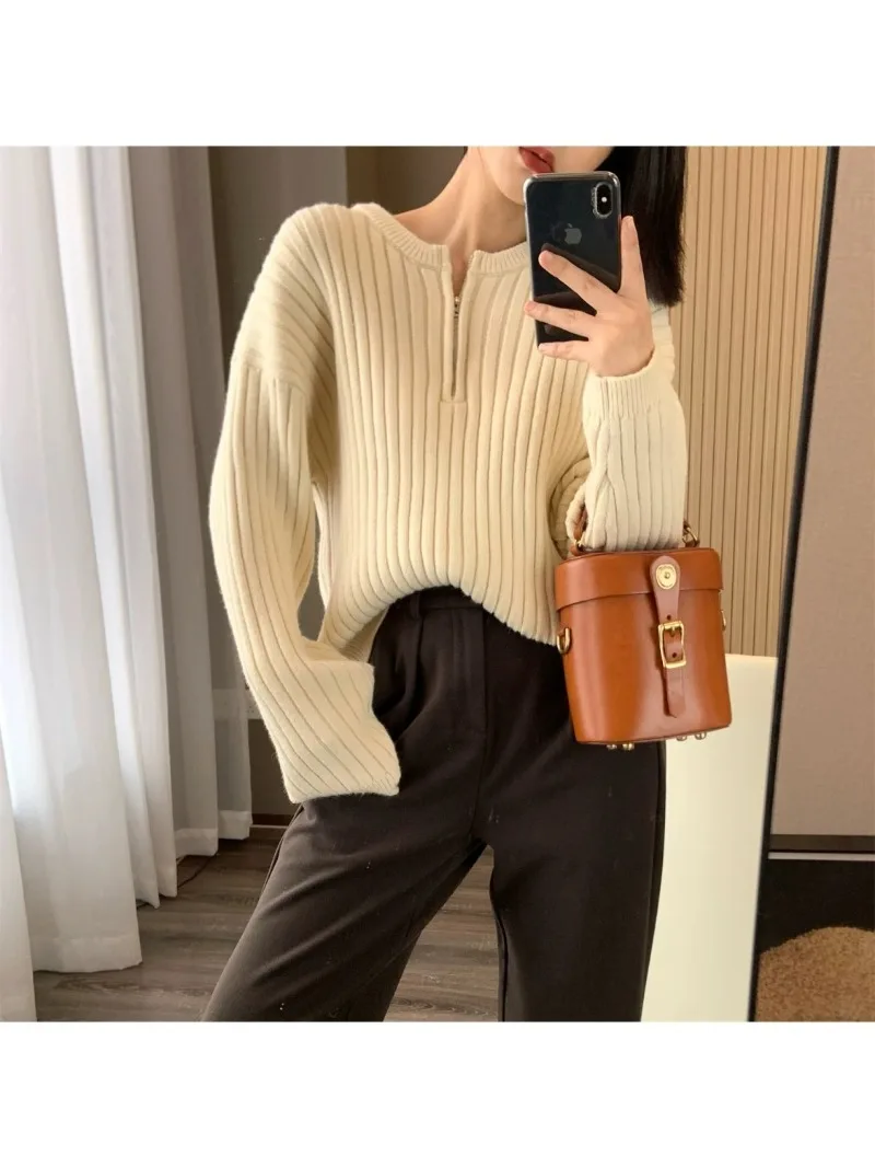 Half zippered pit stripe loose solid casual pullover sweater for women in autumn and winter loose and versatile pullover female