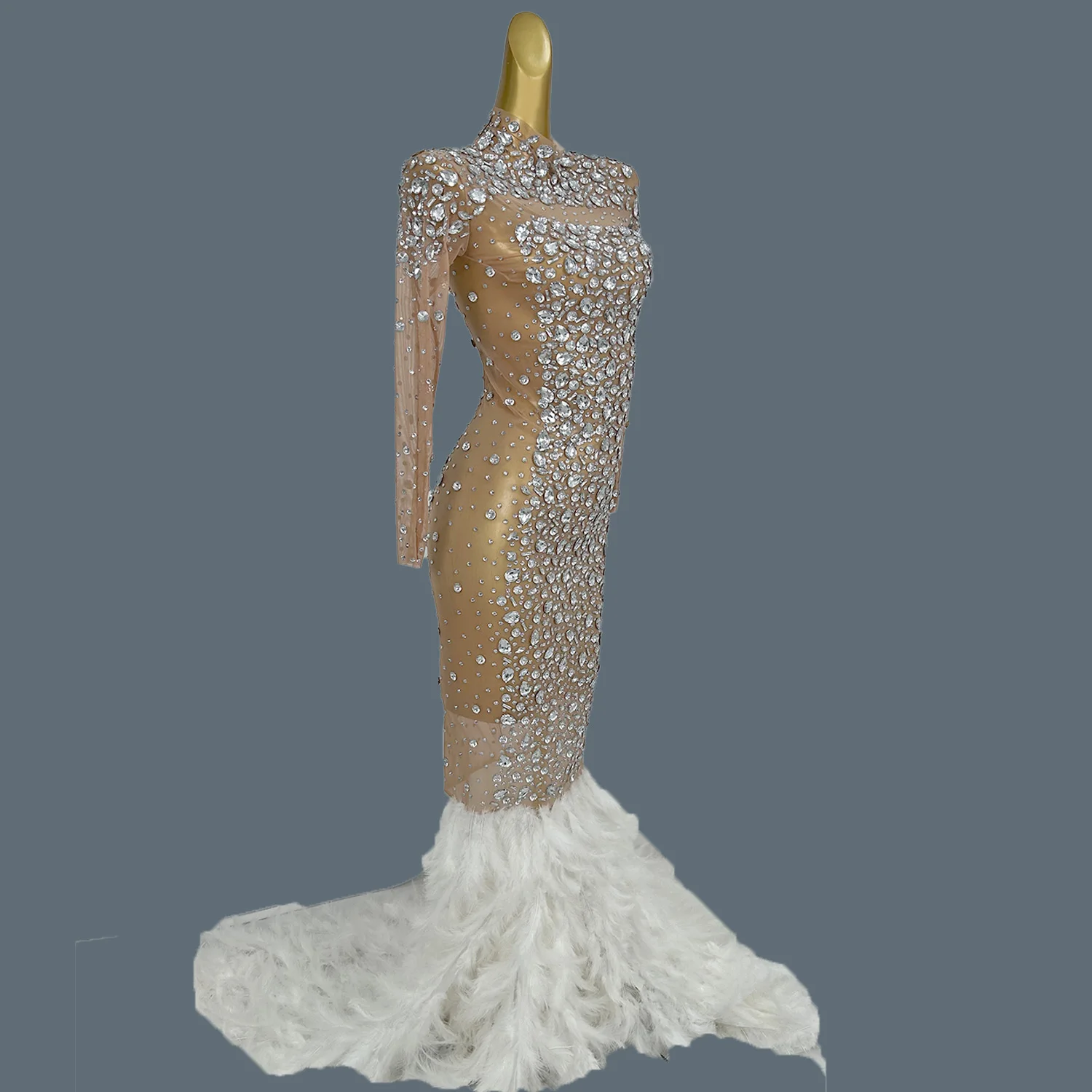 

Sparkly Rhinestones Feather Fishtail Gown Women Sexy Nightclub Long Dress Prom Costumes Birthday Celebrate Party Dress Cuixing