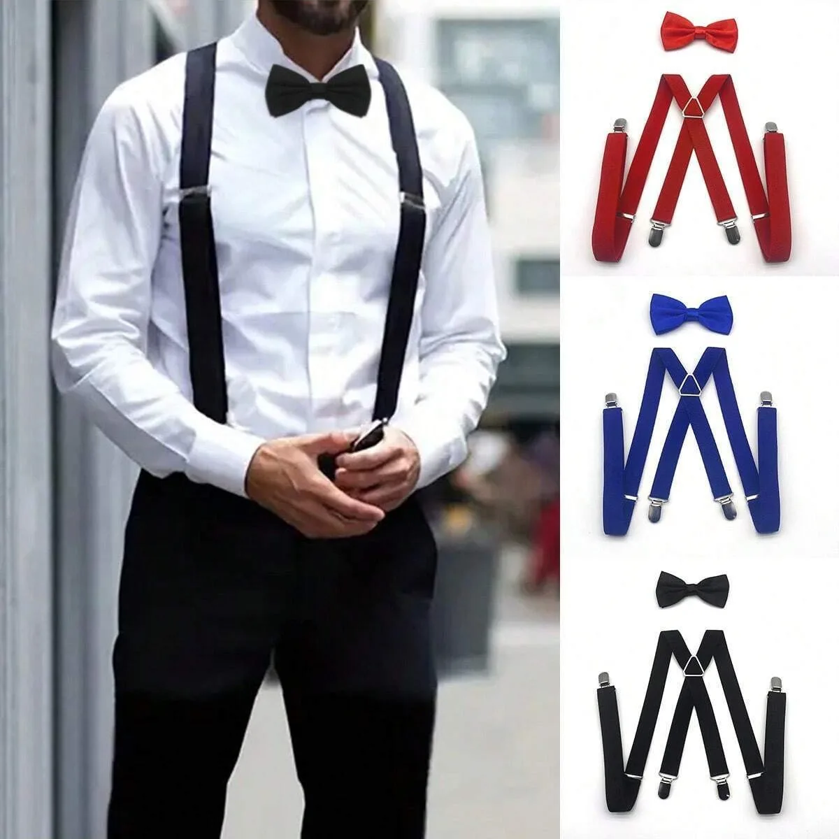 2pcs Adult Suspender 4Clips X 2.5cm Men's Bow Tie Set Audio-Technica Elastic Wedding Performance Decoration Braces for Women