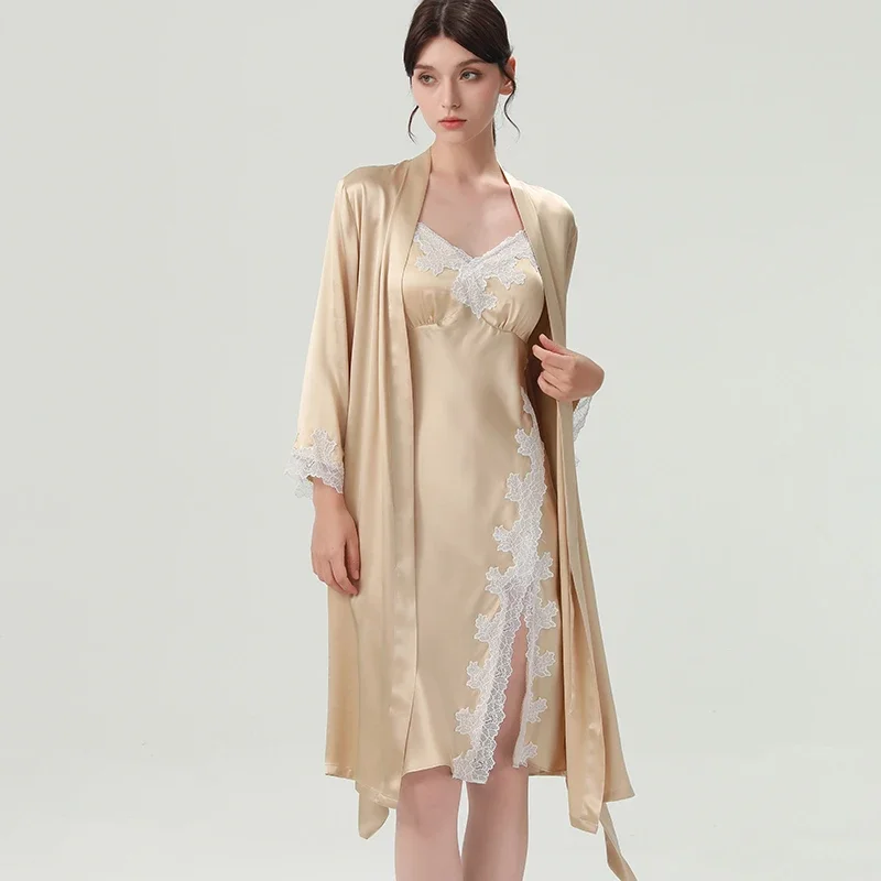 

Embroidered Lace 19MM 100% Mulberry Silk Women's Sexy Nightgown Tie Up Bathrobe Set Side Split Midi Sling Nightdress Kimono Robe