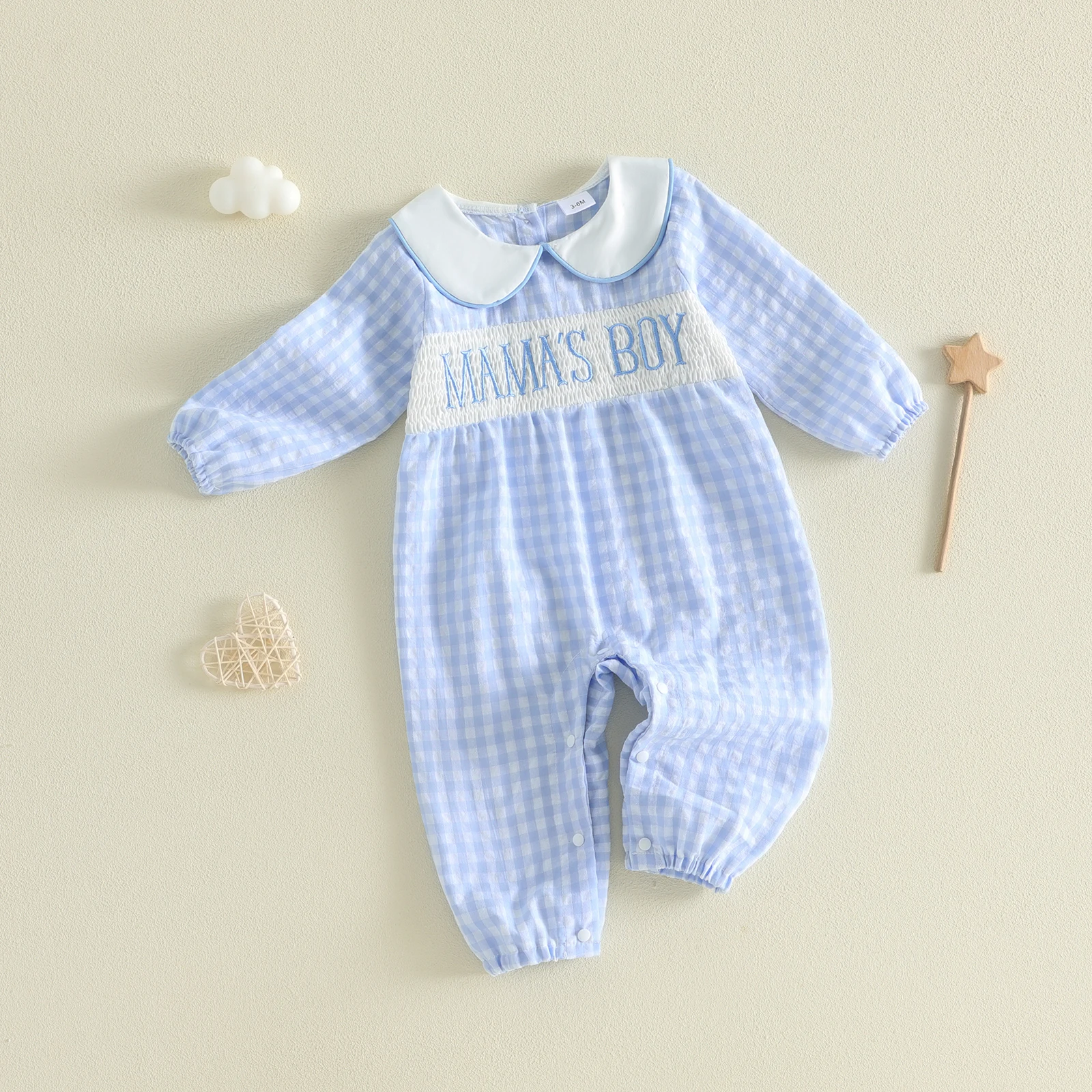 Baby Boy Plaid Romper Long Sleeve Letter Embroidery Bodysuit