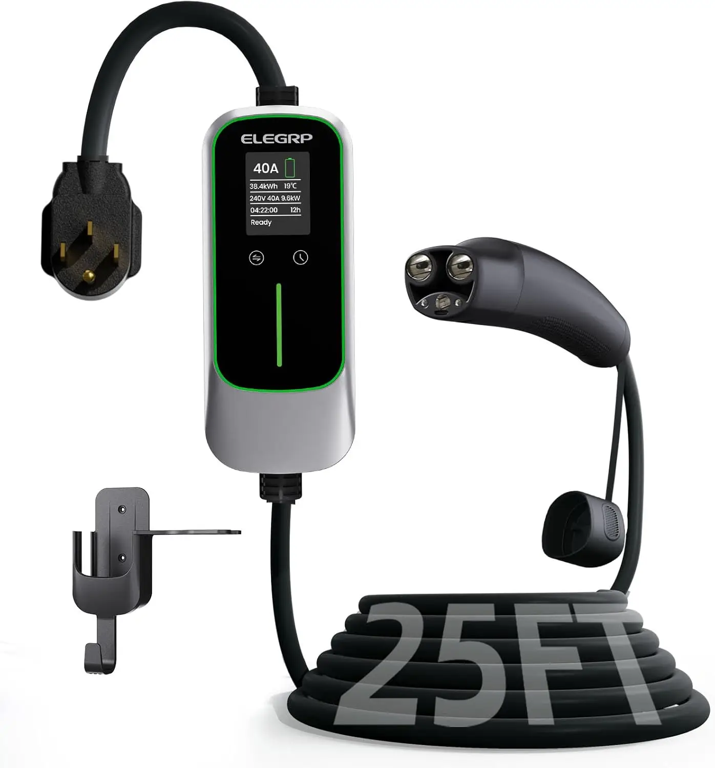 

ELEGRP Level 2 40 Amp Portable EV Charger, 25ft NACS Cable With NEMA 14-50 Plug, 240V Home EV Charging Station For BEVs/PHEVs