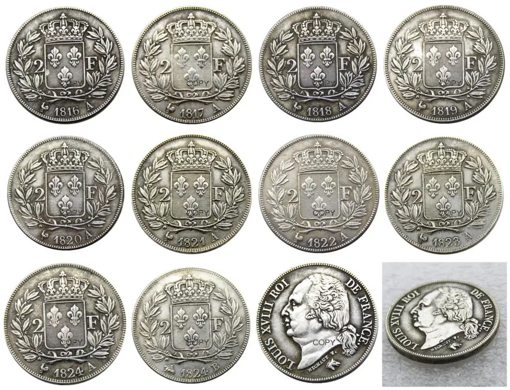 

France (1816-1821A) 10pcs 2 Francs Louis XVIII Silver Plated Copy Coins