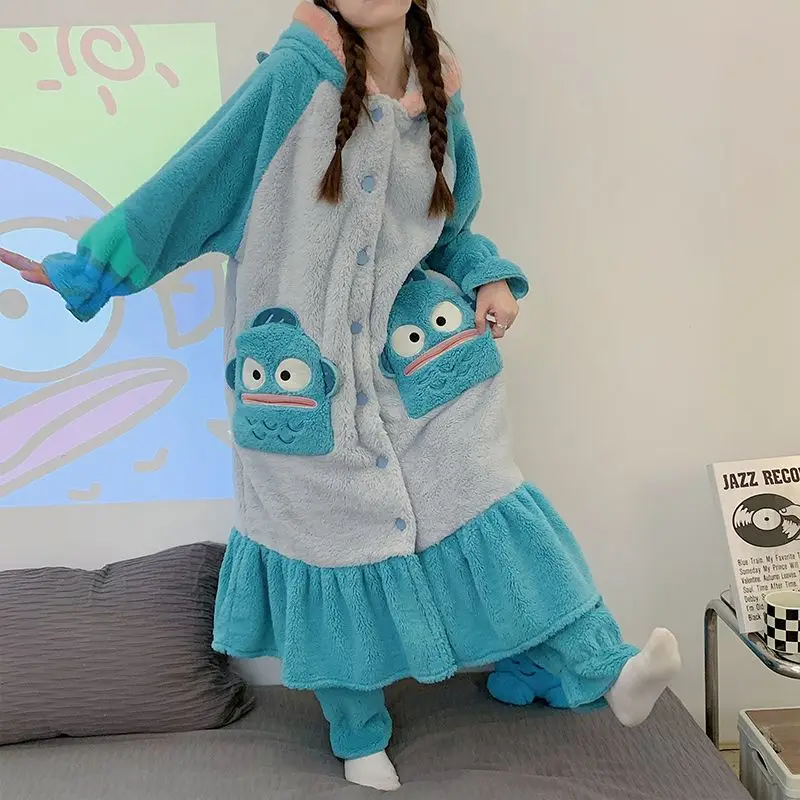 Cartoon Hangyodon Coral Fleece Pajamas Women Winter Cartoon Nightgown Thickened Hooded Long Home Clothes Female Flannel Robes