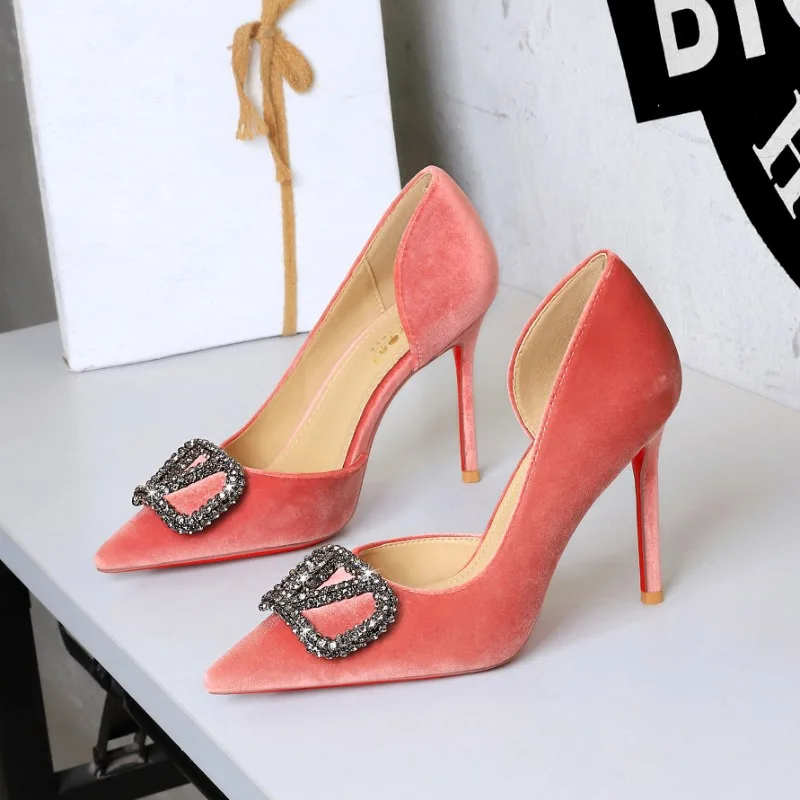 Women Shoes French Velvet Silver V Buckle New Hot Sale Rhinestone Red Sole Elegant Super High Heel Fashion Shoes
