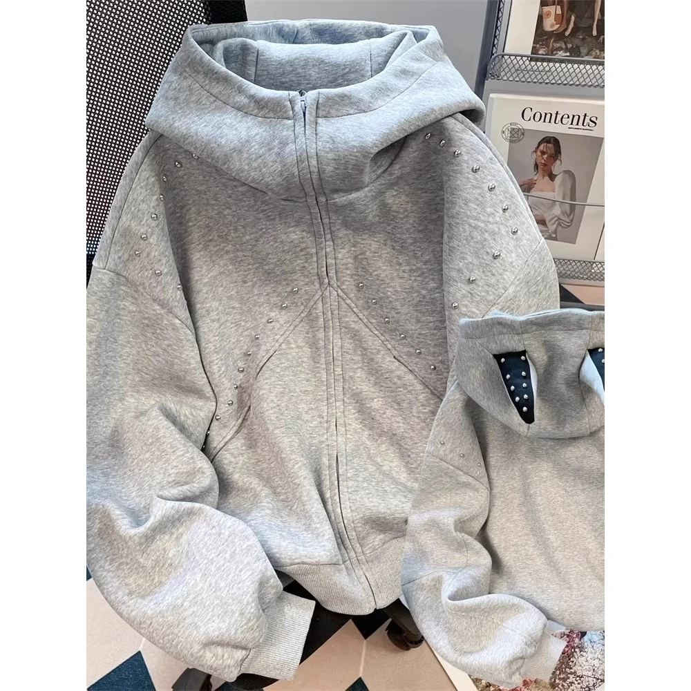 

Retro American Bulldog Ear Rivet Hoodie Zipper Jaet Men's Hooded Open Cardigan Trendy plus Size 300 Pou Autumn Winter Sw...