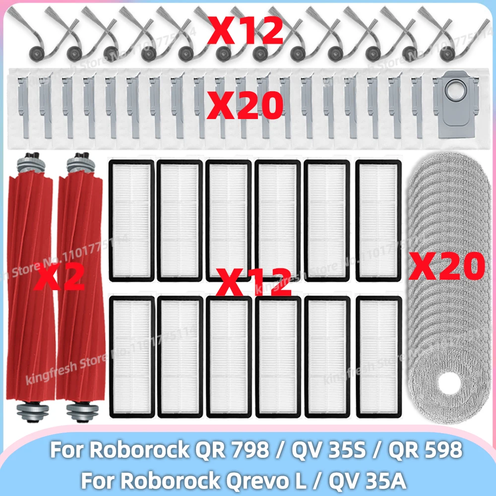 ( Roborock Qrevo L / QV 35A / QV 35S / QR 598 / QR 798 ) ile uyumlu Elektrikli süpürge parçaları Ana silindir Yan fırça HEPA filtresi Paspas bezi Toz torbası Yedek aksesuarlar QV35A