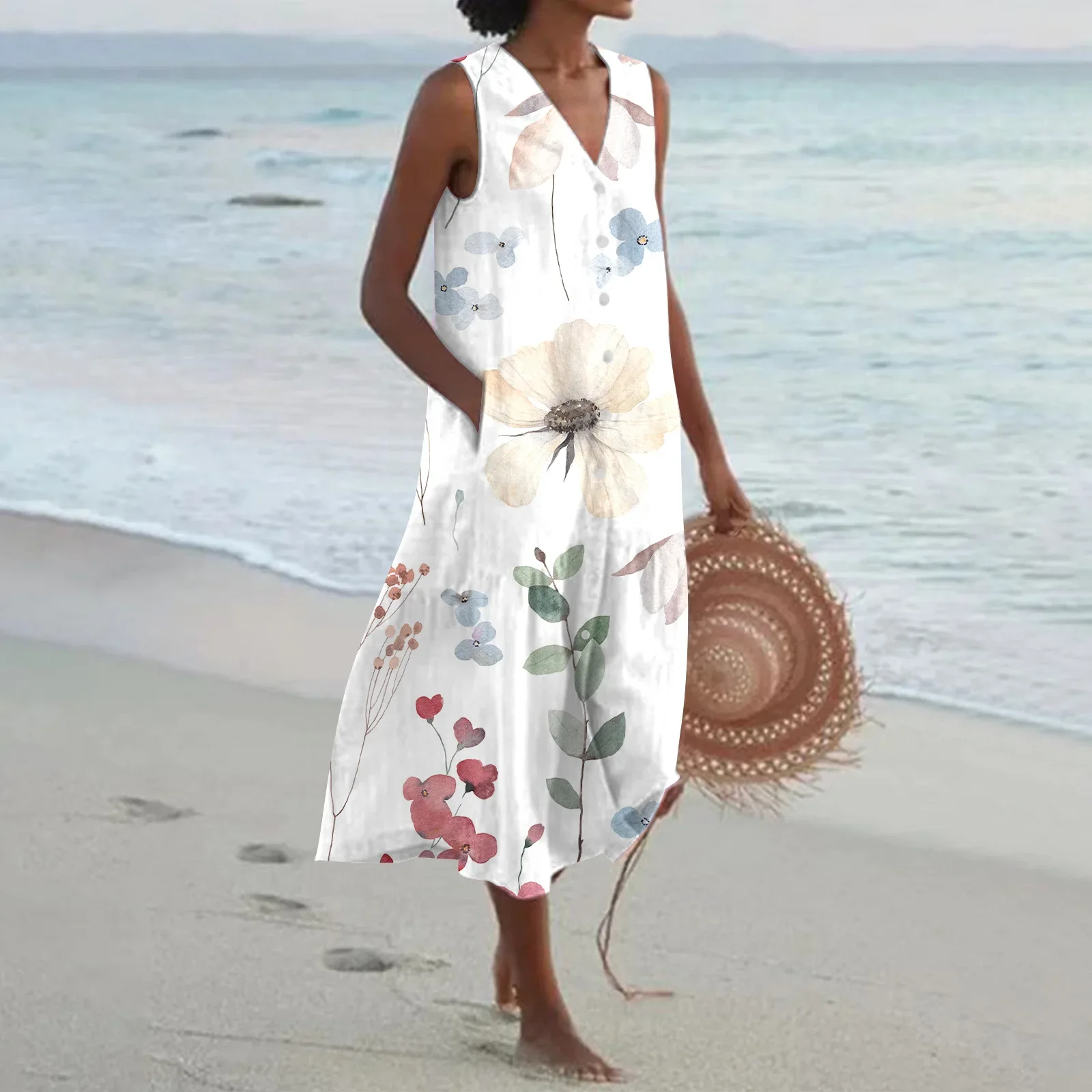 Summer 2024 Women's Long Dress V-Neck Loose New Elegant Fashion Print Beach Resort Robe Party Style Large White Dress for Female