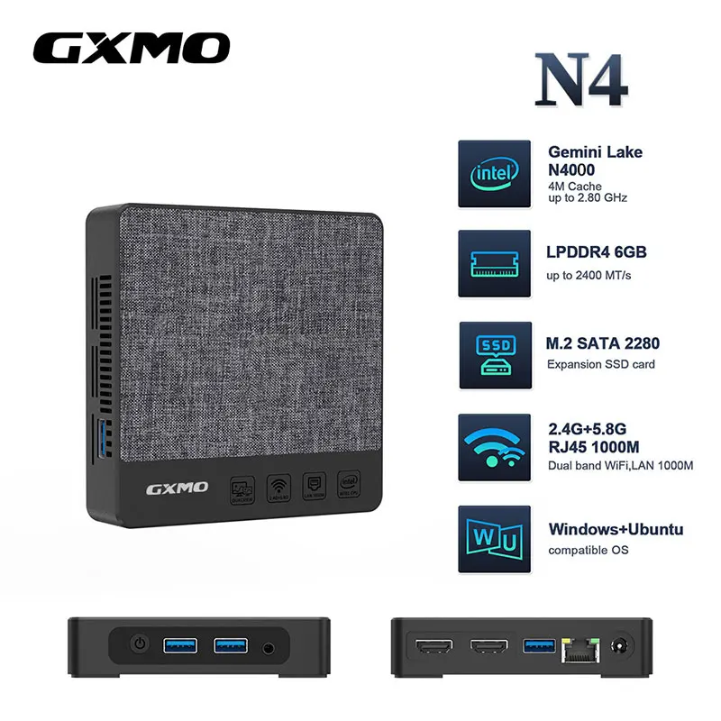 GXMO N4 Mini PC 6 ГБ ОЗУ 64 ГБ M.2 SSD с процессором Intel N4000 Домашний/бизнес Мини-настольный ПК Тихий безвентиляторный Windows 11 Pro Черный