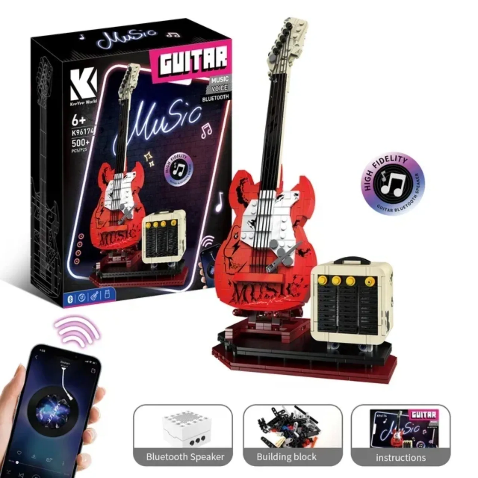 MOC Artist Guitar Building Blocks with APP Control Blue-tooth Audio USB Music Playback STEM Educational Toy for Adults Kids