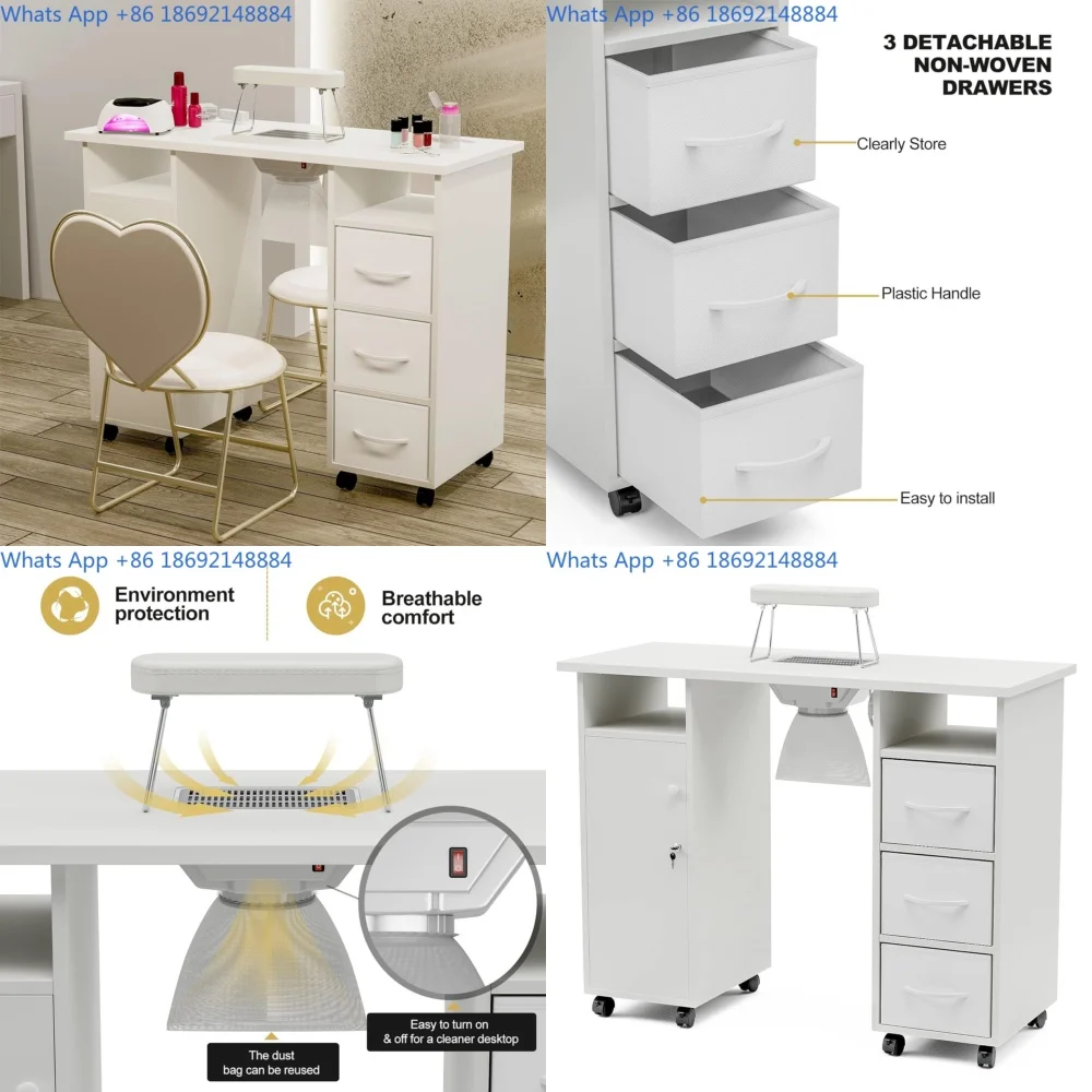 

White Nail Table with Dust Collector Wrist Pad Non woven Drawer Lockable Wheels