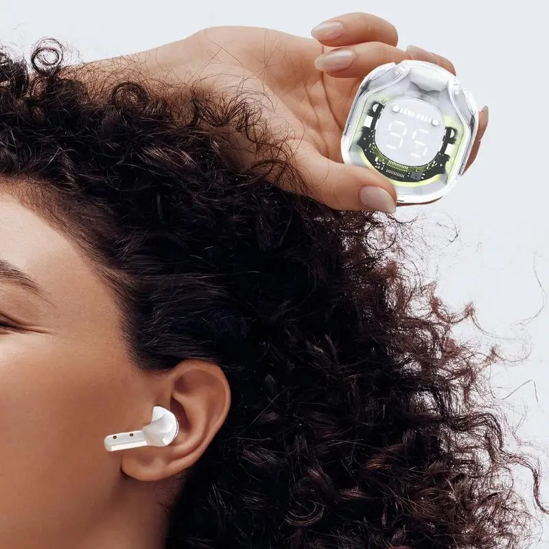 سماعة بلوتوث 5.3 لاسلكية بخاصية إلغاء الضوضاء، سماعات رأس رياضية هاي فاي ستيريو مع علبة شحن شفافة بشاشة رقمية