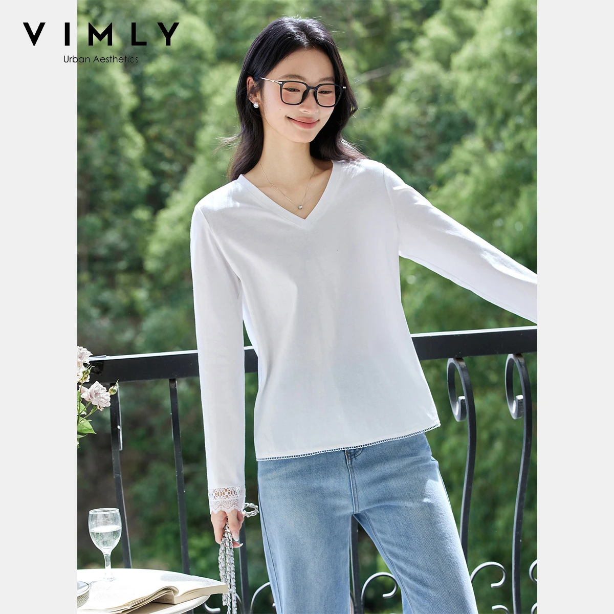 

VIMLY Women's Long Sleeve White Tops Lace Cuff Autumn 2025 V-neck Cotton Woman T-shirts Casual Knitted Loose Ladies Tees A2120