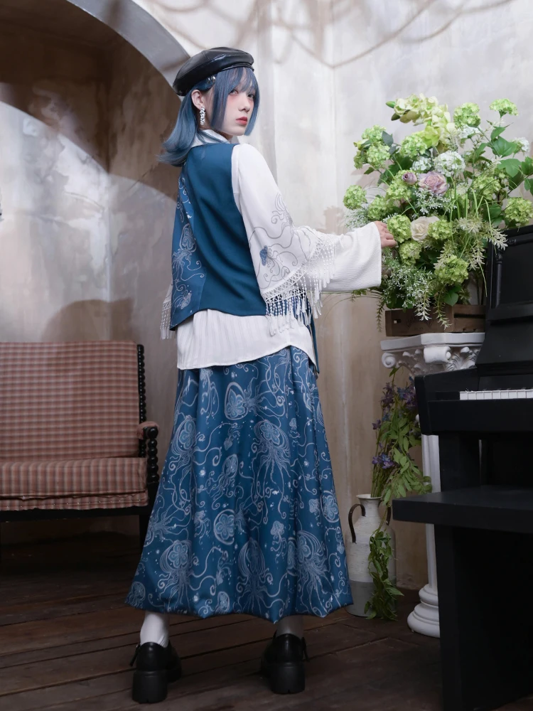 Blue Printed Elastic Skirt Women's Sweet Cool Style Long High Waist