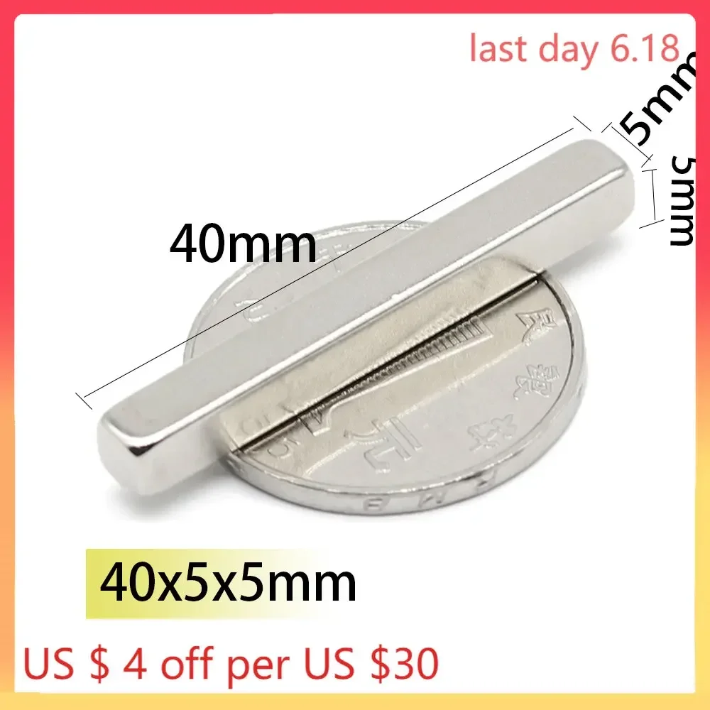N35 40x5x5mm Rectangle Square Neodymium Scooter Bar Block Strong Magnets Rare Earth Sheet Plate Search Magnetic Bar for Toy