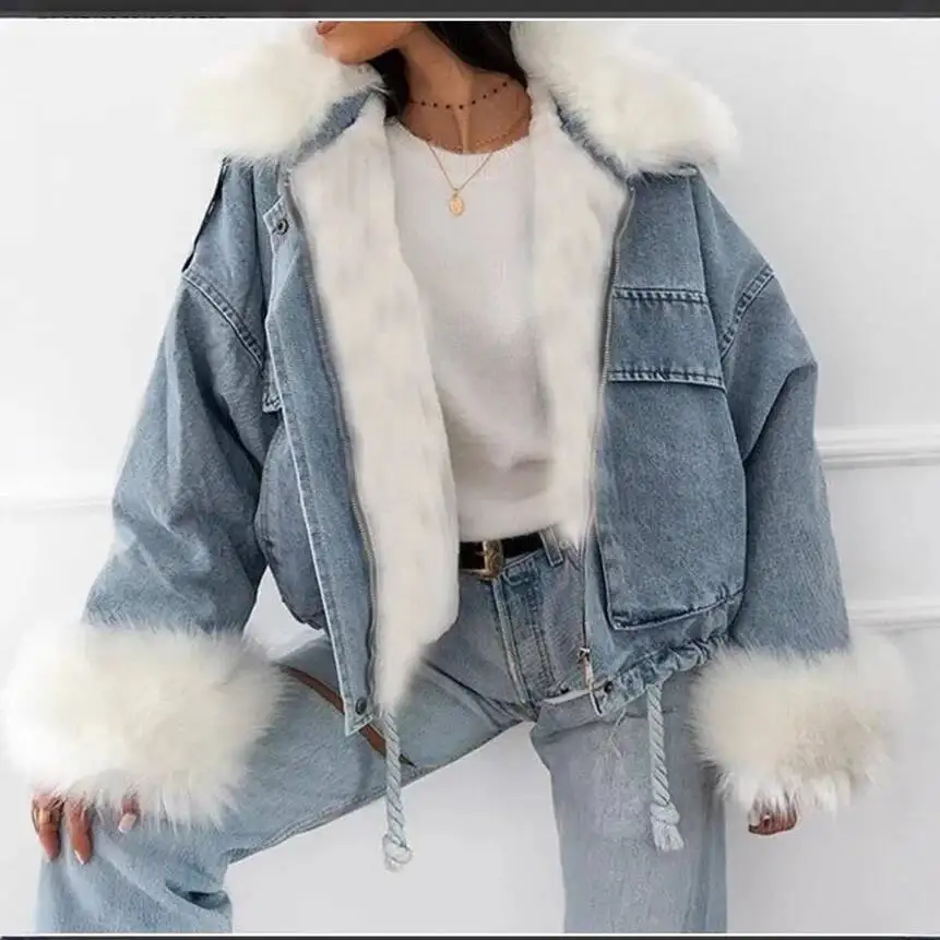 

Long Plush Denim Jacket With Washed White Leather Collar Lined Autumn Winter Women's Coat Fake And Mixed Fur