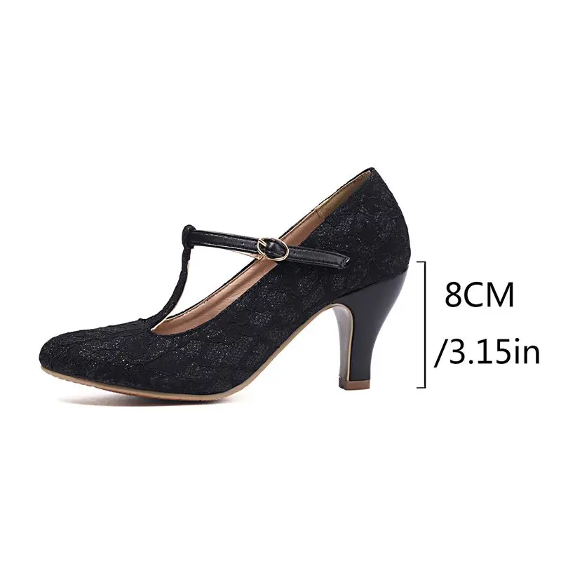 ORCHA LISA Design Fashion Women Pumps Round Toe Chunky Heels 8cm Buckle T-Strap Large Size 41 42 43 Breathable Mesh Retro Shoes