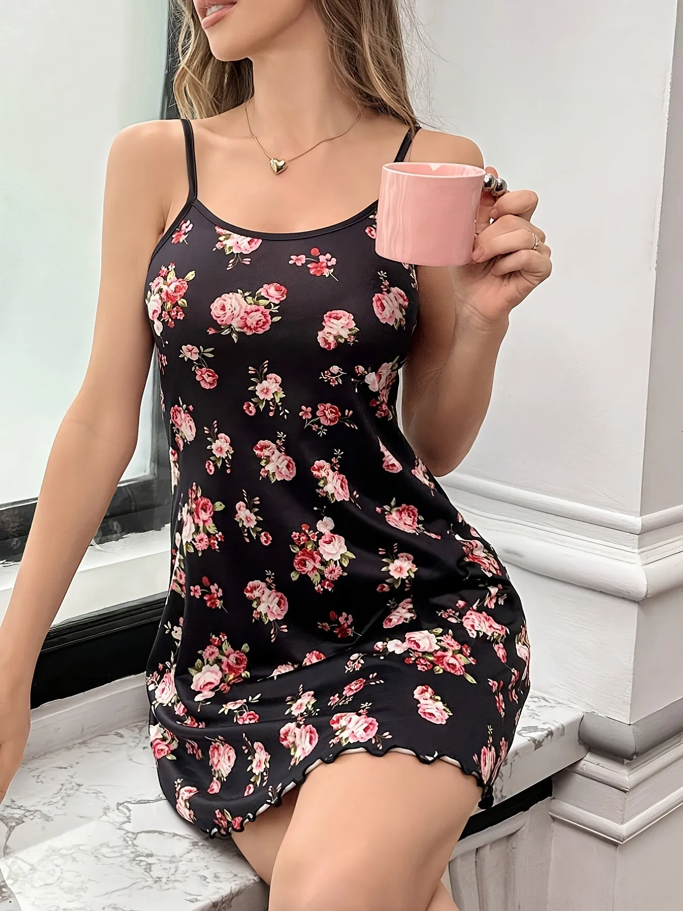 Milk Silk Pajama Dress Women Summer Floral Print Camisole Nightgown Spaghetti Strap Sleepwear Soft Breathable Ladies Home Dress