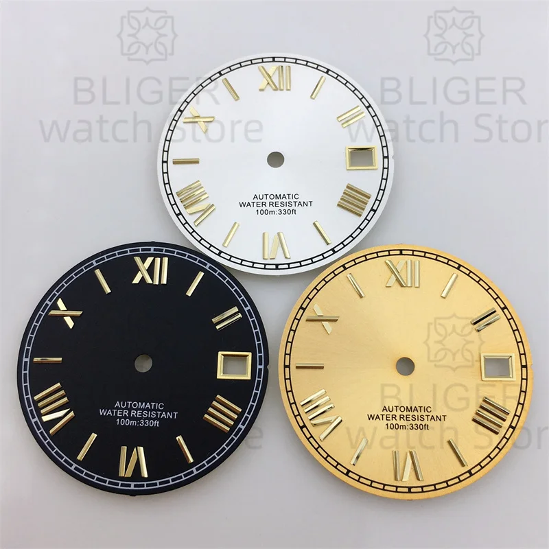 BLIGER/NO logo 29mm Black white Red Gold Dial Rome Index For NH35 movements Fit 38mm 39mm 40mm case Fit 3 clock 3.8 Clock Crown