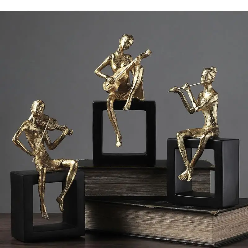 

European Style Resin Gold Musical Figures Violin Guitar Instrument Living Room Decoration Birthday Present Modern Home Decor