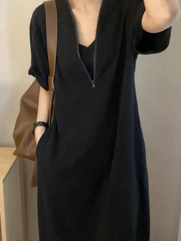 Rétro Hepburn Sle T-shirt coupe ample Dr été nouvelle grande taille 300 Pou fermeture éclair a-ligne Dr coréen taille haute V-Ne Long...