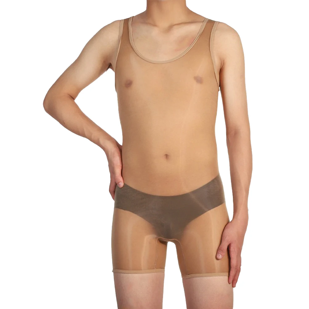 Lingerie seksi pria Bodysuit tipis berkilau minyak Bodysuit tanpa lengan melar pakaian dalam tembus pandang Jumpsuit transparan U cembung Pouch Bodysuit