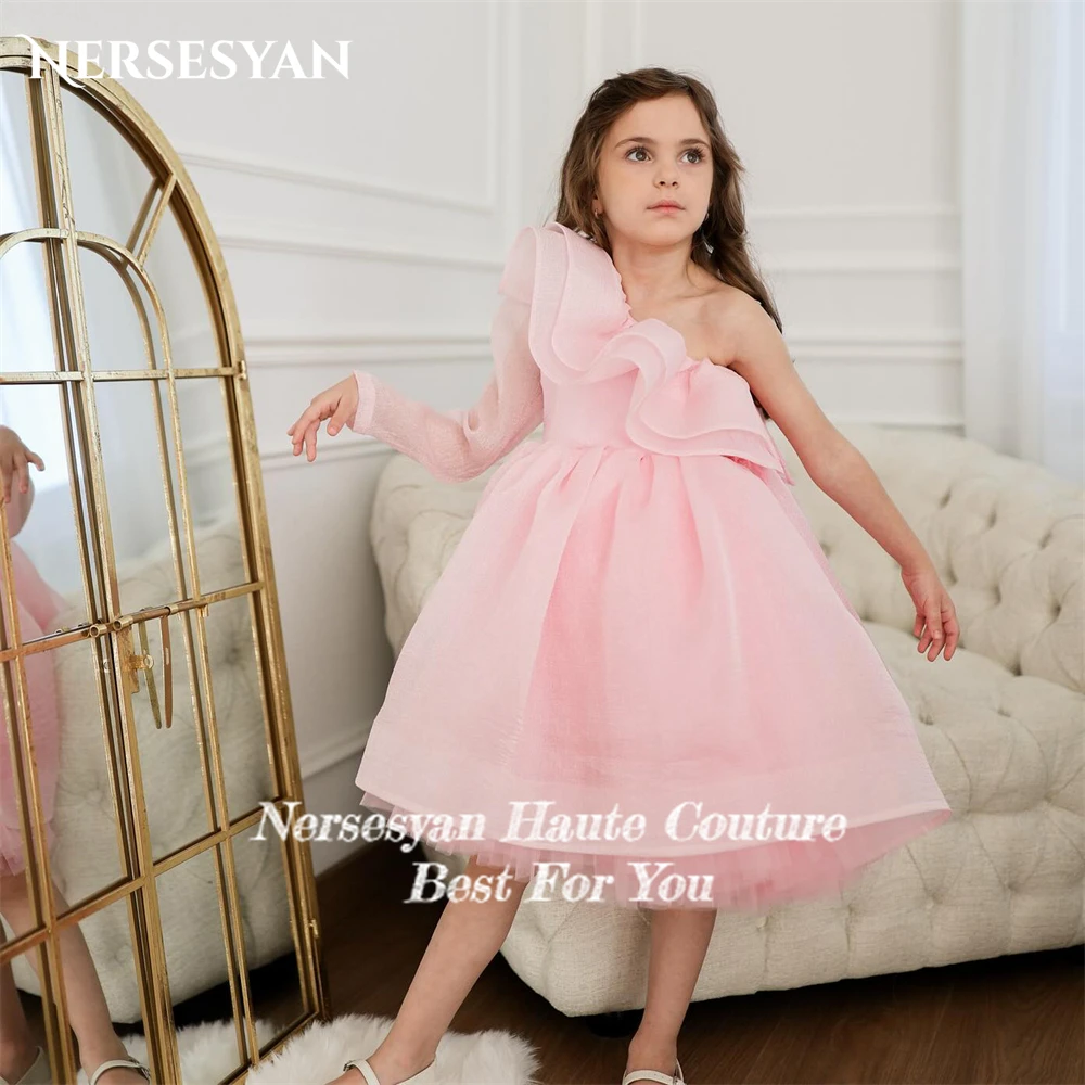 Nersesyan Shiny Pink Flower Girl Dresses For Wedding A-Line Inside Tulle Tiered Ruffles Occasional Birthday Party Gowns Solid