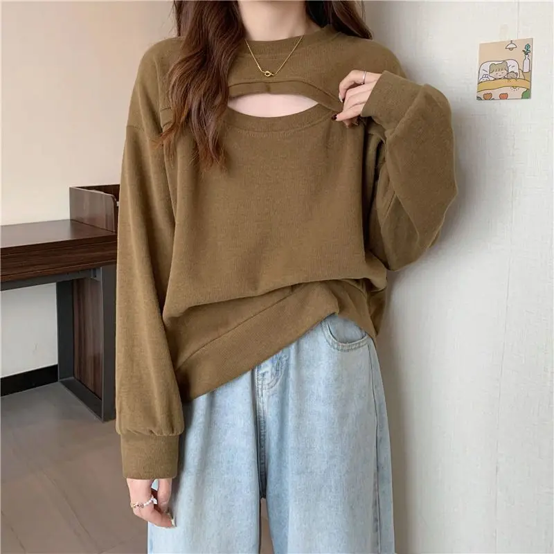 Hollowed Out Splicing Sweater Female Advanced Design Sense Versatile Loose Fitting Large Size Spring and Autumn Seasons Tops