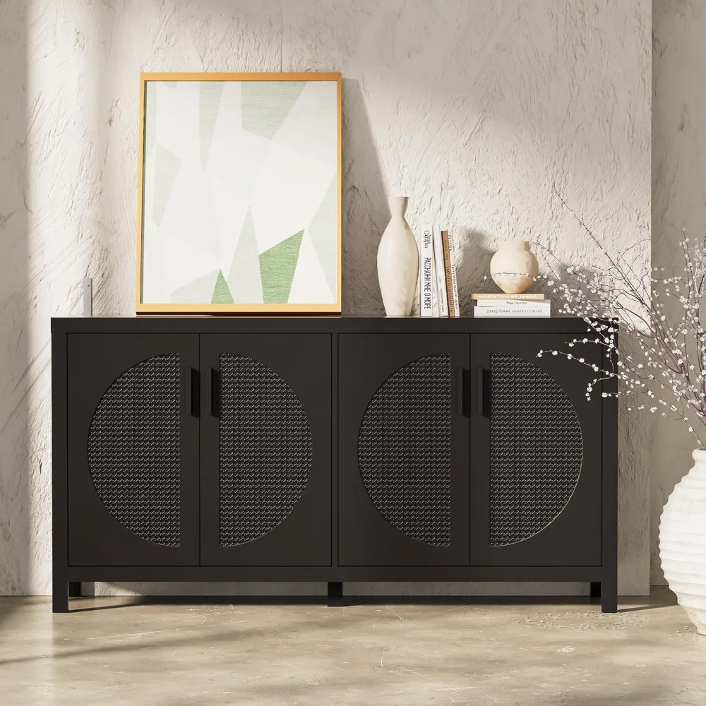 

Buffet Sideboard Cabinets with Storage, Mid-Century Accent Storage Cabinet with Rattan Door, Metal Handles, Rattan Console Table