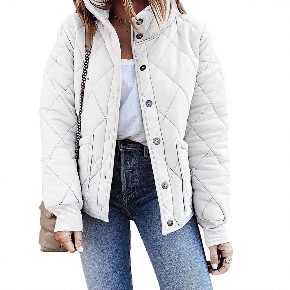 

Women's Autumn Coats Comfortable Plain Quilted Long Sleeve High Neck Button through Daily Cotton Jacket