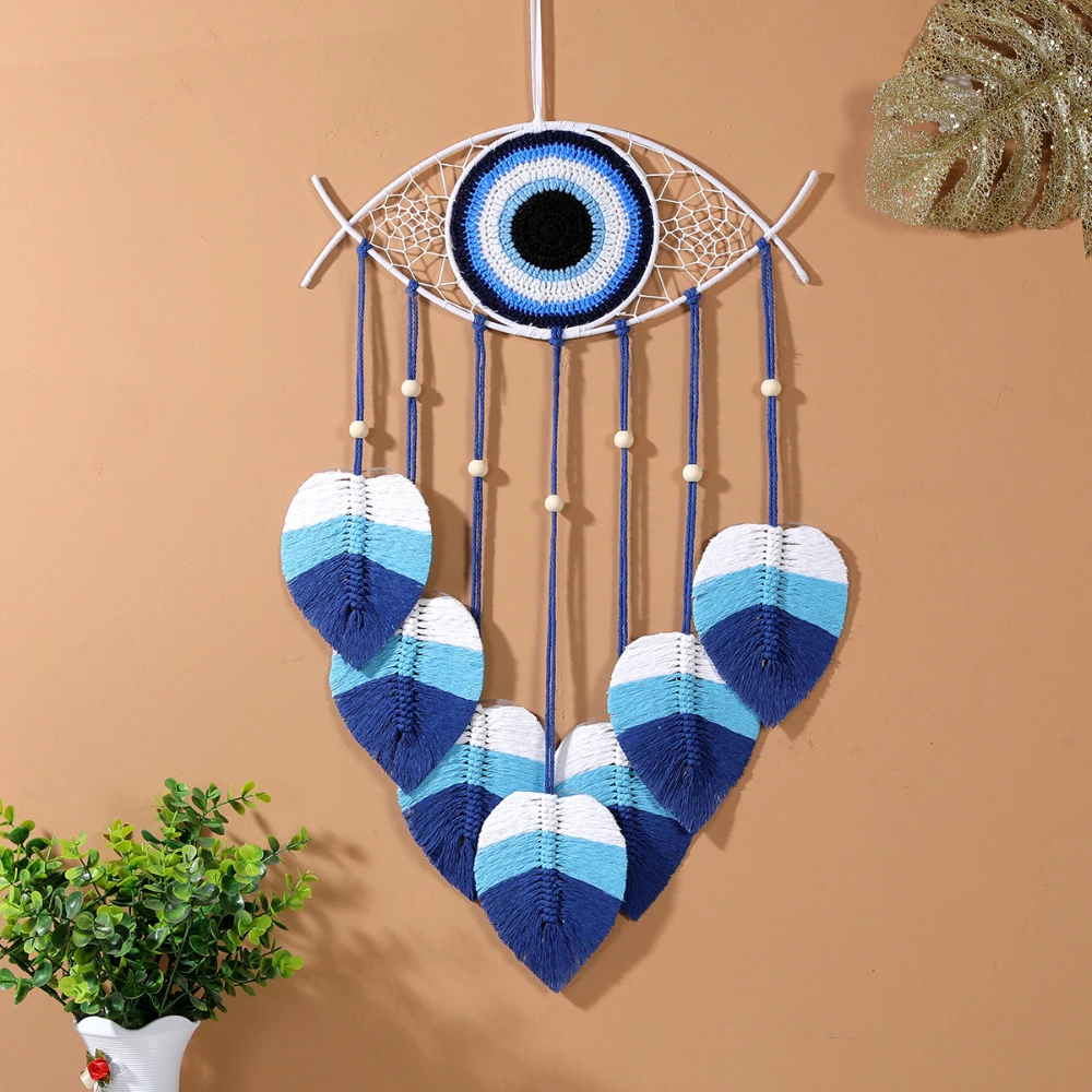 

Blue Evil Eye Dream Catcher with Macrame Leafs Handmade Dreamcatchers Wall Hanging Decoration for Home Bedroom Living Room Gift