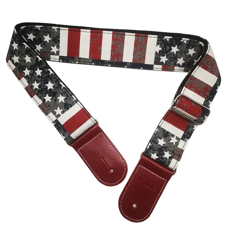 Double Layer Sewing Cotton Electric Guitar Strap for Acoustic Bass Adjustable Denim Printed Guitar Belt Genuine Leather Ends