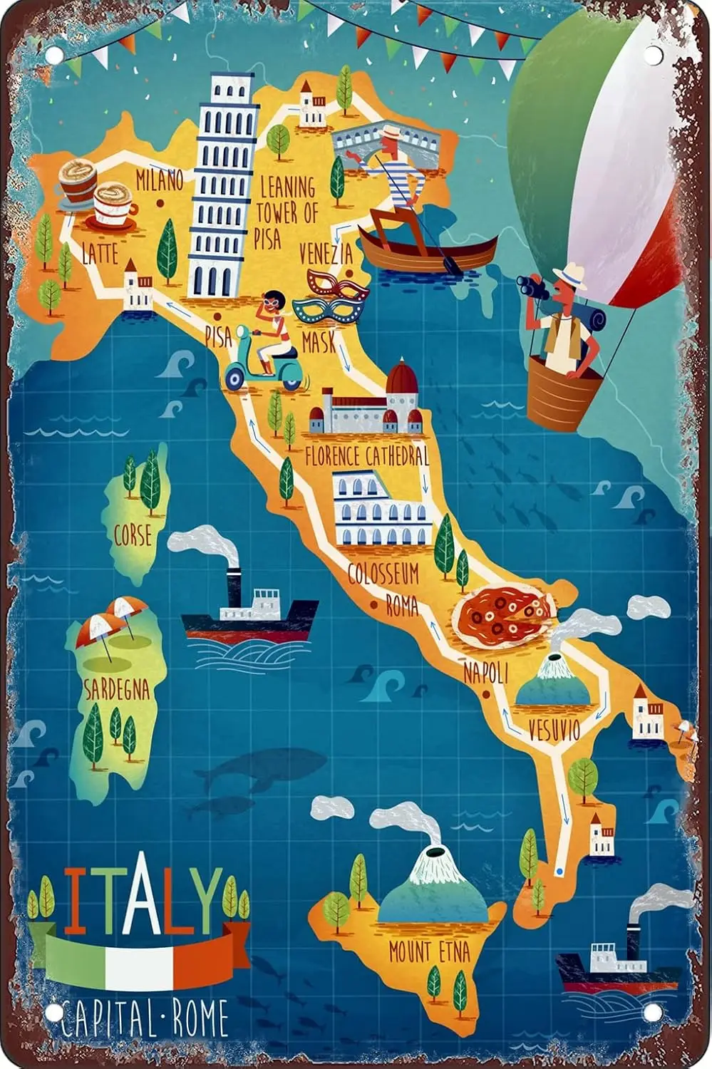 1d, Italia Mappa Viste Targa decorativa retrò Targa in metallo Targa in metallo Decorazione da parete artistica Bar Retro World Travel Poster Decorazione da parete