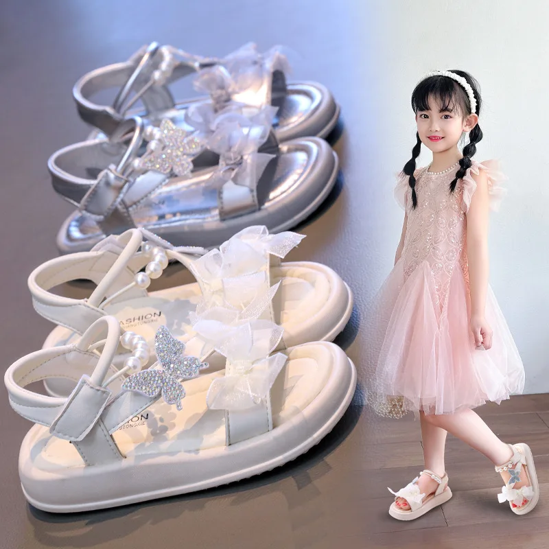 

Summer Pearl Bow Girls Princess Sandals Kids Open-toe Beach Shoes Soft Sole Non-slip Sports Sandals Casual Thick-soled Slippers