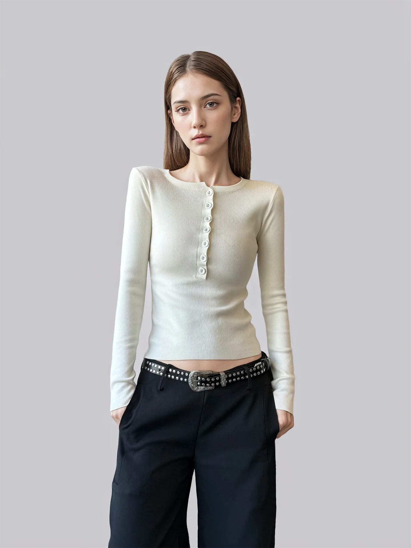 

ANGJIA Early Spring Knitted Long Sve round Ne Slim Fit Button Base irt Women's Casual Sle Soft Fabric Daily Wear