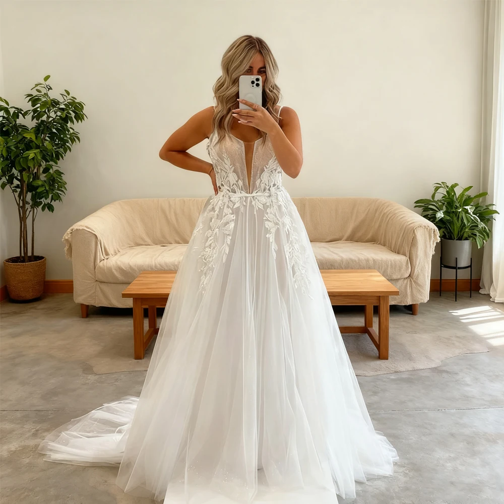 

Свадебные платья из тюля в стиле бохо. Элегантное длинное платье трапециевидной формы с аппликацией и разрезом по бокам. Сексуальное платье цвета слоновой кости для женщин. 2025 Robe De Mariée.