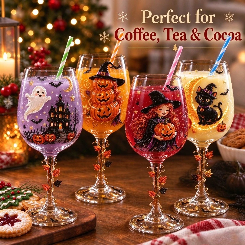Halloween Themed Wine Glass Hand Painted Style Goblet with Maple Leaf Stem, Creative Table Decor for Halloween Party Home Bar
