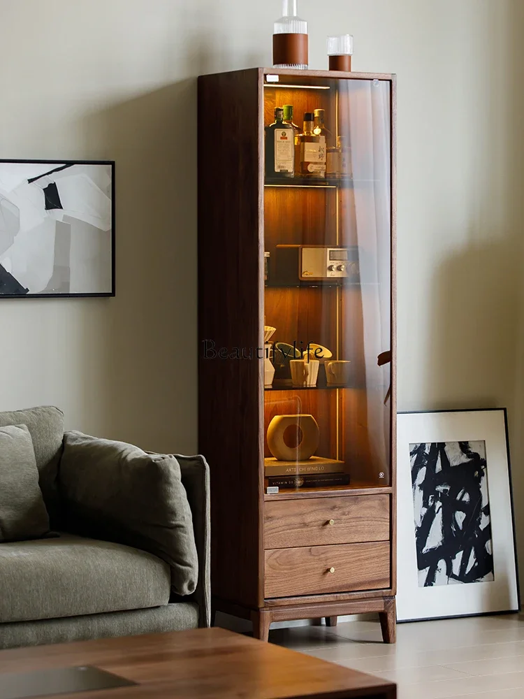 

LD6North America Black Walnut Solid Wood Storage Cabinet Locker Modern Light Luxury Glass Wine Cabinet