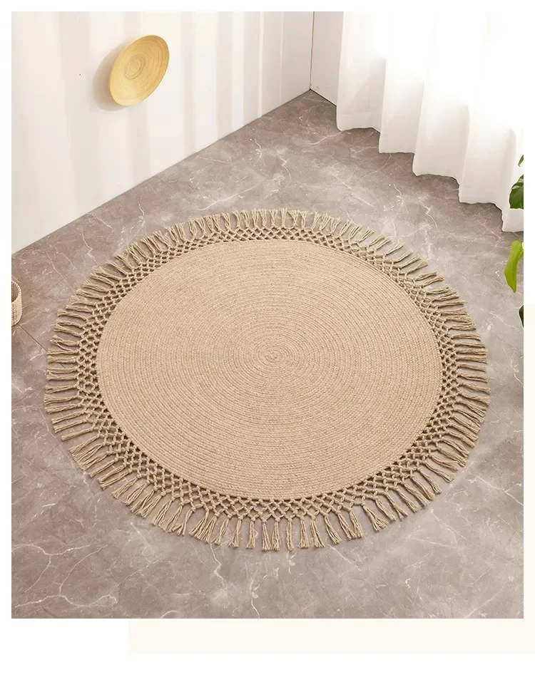 Hand-knotted jute woven round blanket, living room, coffee table, study, bedroom, homestay, glue-free floor mat